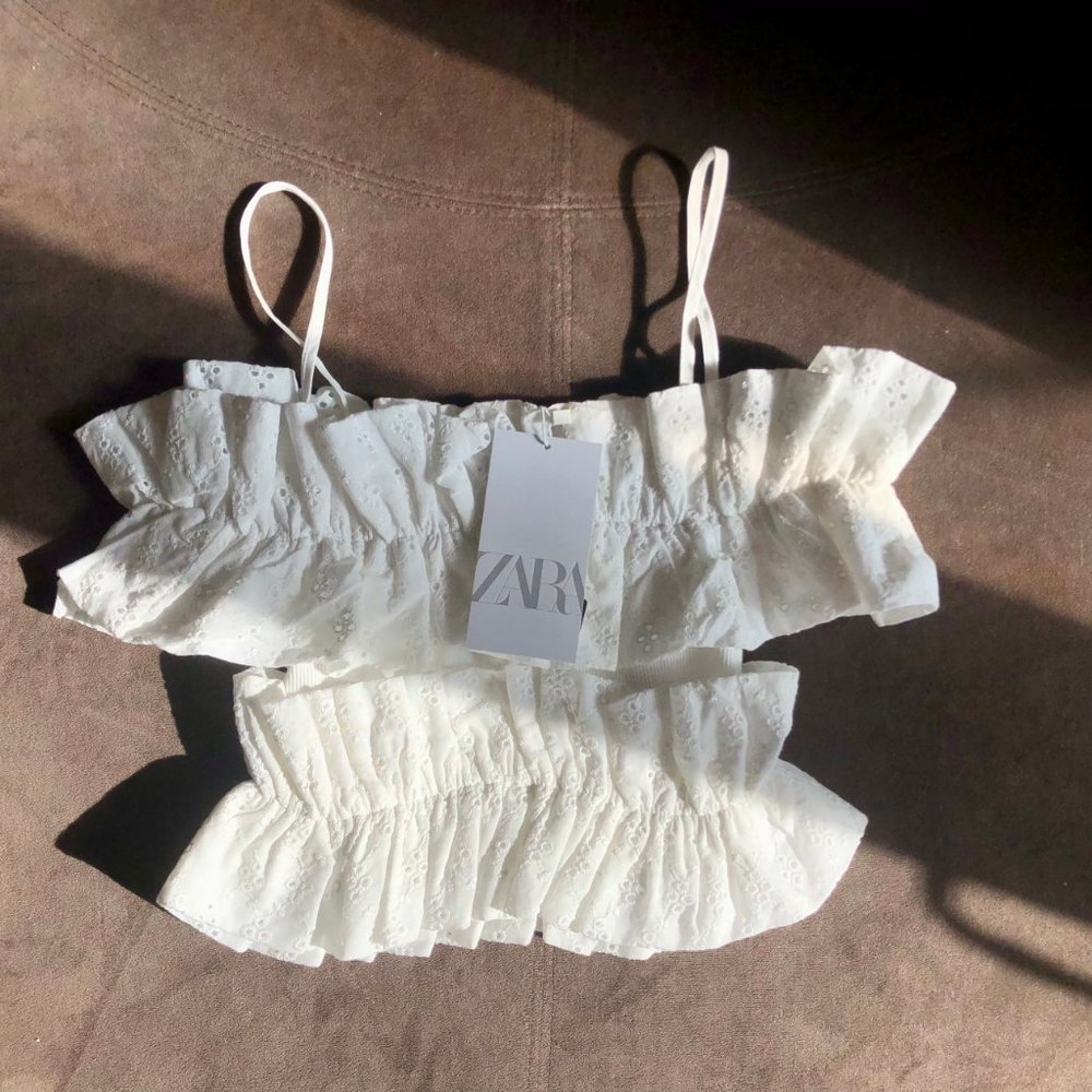 Zara White Ruffled Crop Top - Picture 6 of 9